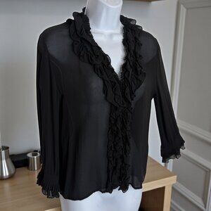 DKNY Black Silk Ruffle Front Blouse Size 6 Sheer Long Sleeve Top